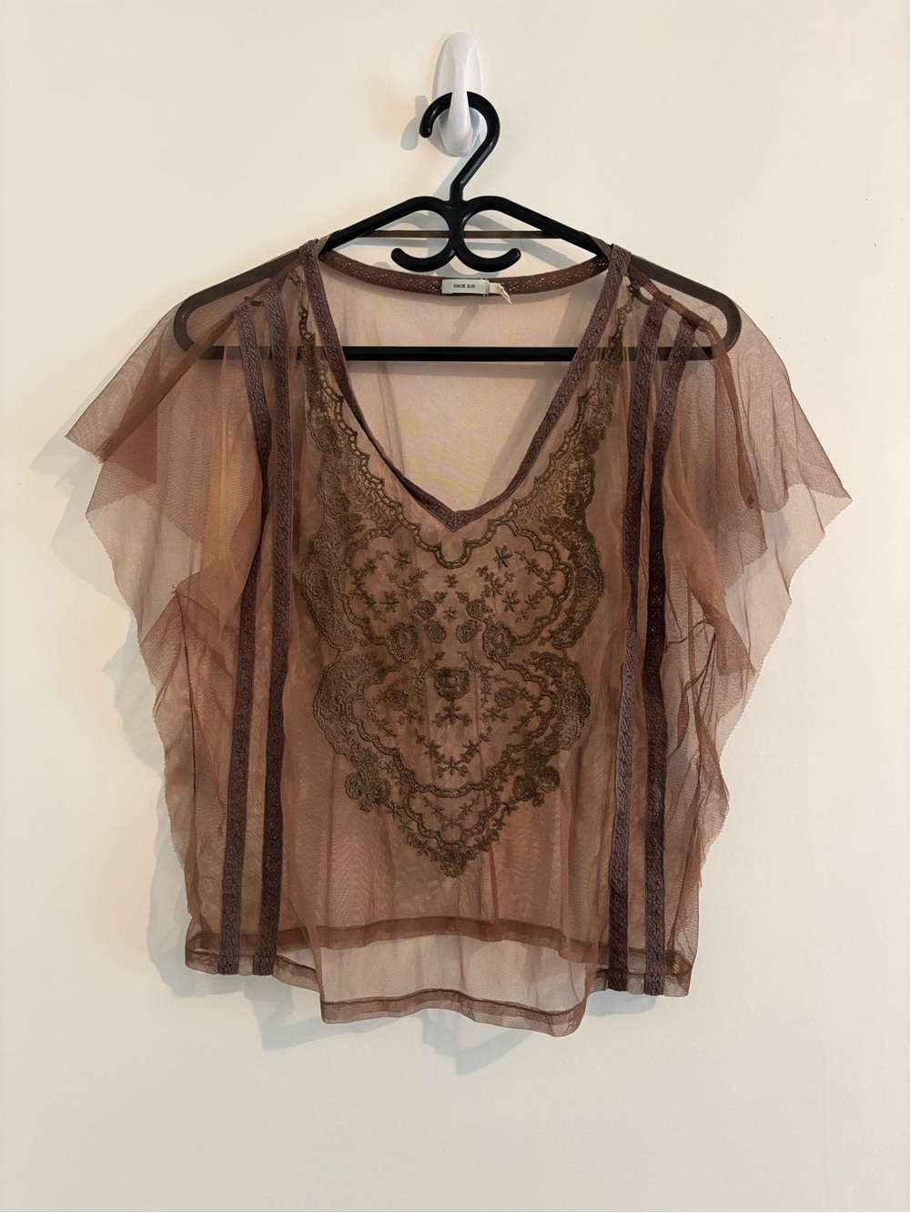 Kimchi Blue Sheer Brown Embroidered V-Neck Top